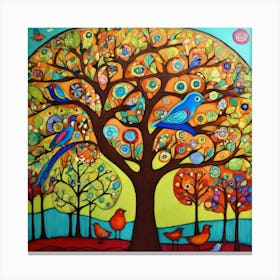 Art Drawing Trees And Birds Scene Folk Art Style I (5) 1 Canvas Print