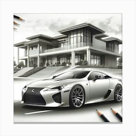 A Pencil Drawing Of A Lexus LFA In Front Of A Beautiful Modern Mansion 3 Canvas Print