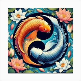 Coy Fish Yin Yang Flower Art Canvas Print