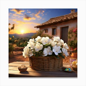 White Flowers In A Basket Canvas Print