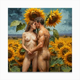 Naked Couple In A Field of Sunflowers Canvas Print