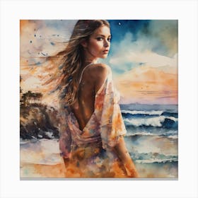 Watercolor Of A Woman On The Beach 1 Canvas Print