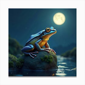 A Toad With Iridescent Skin, Perched On A Glowing, Mossy Rock Under The Moonlight Canvas Print