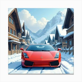 Watercolor Lamborghini Gallardo In A Snowy Alpine Village 1 Canvas Print