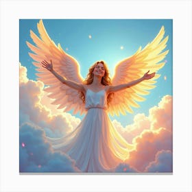 Angel With Shimmering Wings, Vibrant Watercolor Clouds 1 Canvas Print