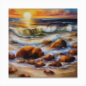 The sea. Beach waves. Beach sand and rocks. Sunset over the sea. Oil on canvas artwork.The sea. Beach waves. Beach sand and rocks. Sunset over the sea. Oil on canvas artwork.6 Canvas Print