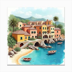 Spanish Coastal Village With Watercolor Details Of Colorful Houses And Boats Canvas Print