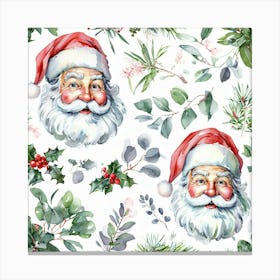 Festive Watercolor Pattern With Santa And Lush Greenery Canvas Print