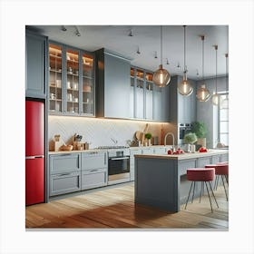 Beautiful Modern Designer Kitchen With Grey Cupboards And Red Appliances With Beautiful Light Fixtures 5 Stampe su tela