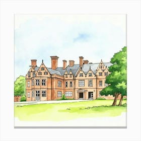 Watercolor Painting Of The Houghton Hall In Norfolk, Capturing Its Majestic Architecture And Scenic Beauty Canvas Print