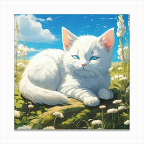 White Cat In The Meadow Canvas Print