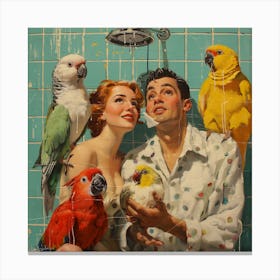 Parrots In The Shower 1 Canvas Print