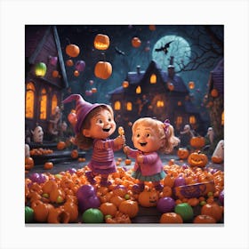 Halloween Pumpkins And Children Playing Canvas Print