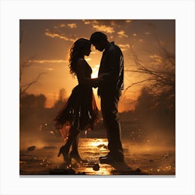 Silhouette Of Young Couple At Sunset Canvas Print