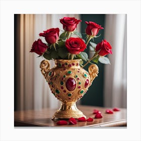 Gold Vase With Red Roses Canvas Print