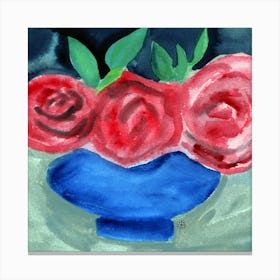 Roses In A Blue Vase - square floral flower blue red green gray Canvas Print