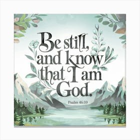 Bible Verse, Psalms 46:10; Be Still And Know That I Am God, Christian Art, Mountains, Lake, Flowers Canvas Print