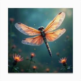 A Whimsical Dragonfly With Wings Of Glowing, Fractal Colors Fluttering Through A Dreamlike Meadow Canvas Print