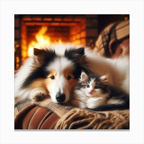 Dog And Kitten In Front Of Fireplace 1 Canvas Print