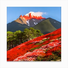 A Large Mountain With Red Flowers Stacked Below It And A Wide Blue Sky Behind (1) Canvas Print