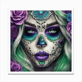 Day Of The Dead Green & Pink Canvas Print