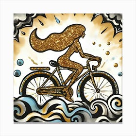 A Glittering Mermaid Riding A Polka Dotted Bicycle, Inspired By The Bold And Graphic Designs Of Keith Haring, With A Black And Gold Palette, Where The Mermaid Is In Focus And The Surrounding Sea And Sky Are Blurred Into Abstract Shapes 3 Canvas Print