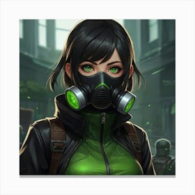 masterpiece, best quality, (Anime:1.4), black-haired girl, green eyes, small respirator mask, toxic environment, black leather outfit, epic portraiture, 2D game art, League of Legends style character 3 Canvas Print
