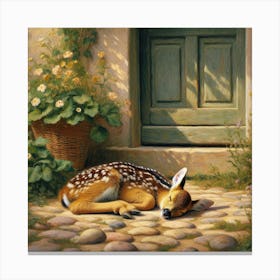 Baby deer fell asleep in front of my door Canvas Print