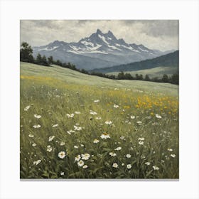 Vintage Oil Painting of Wild Flowers in a Meadow, Mountains in the Background 16 Canvas Print