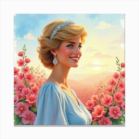 Princess Diana Smiling With Vivid Watercolor Blossoms And A Colorful Horizon Canvas Print