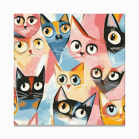 A Seamless Pattern Of Cute Cats With Big Eyes, Depicted In The Style Of Cubism On An Acrylic Painting Canvas, Colorful And Playful, Displayed Against Blush Coloured Background Leinwandbild