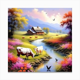 Cows By The Stream Canvas Print