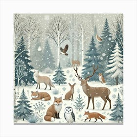 Winter Wildlife In Snowy Forest Printed Art A Serene Illustration Of Winter Wildlife In A Peaceful Snow Covered Forest, Perfect For Bringing The Beauty Of Nature And The Calm Of Winter Into Any Sp Canvas Print