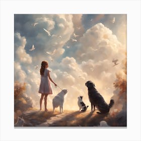 Girl And Her Dogs Canvas Print