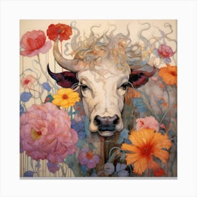 Cow Surrounded by Flowers Canvas Print