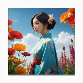 Asian Woman In Flowers Canvas Print