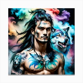 Tattooed Man And Wolf Canvas Print