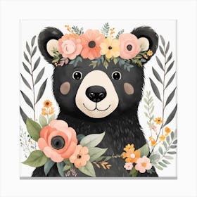 Floral Baby Black Bear Nursery Illustration (10) Canvas Print