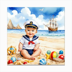 Sailor Baby in a beach with toys Canvas Print