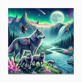 Wolf Family by Crystal Waterfall Under Full Moon and Aurora Borealis 7 Canvas Print