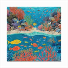 David Hockney Style: A Vibrant Coral Reef Teeming With Marine Life 3 Canvas Print