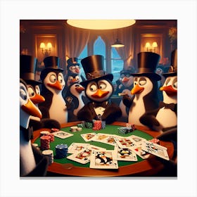 Penguins Playing Poker 1 Canvas Print