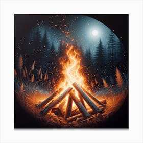 Campfire in the Woods: A Realistic Painting of a Warm and Cozy Night Scene Canvas Print