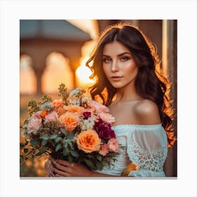 Sensual Brunette Woman Posing With Flower Bouquet After Romantic Date, Sunset Colors, Canvas Print