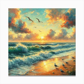 Sunset Beach Waves Seagulls Canvas Print