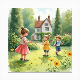 Romanian Children Playing In English Gardens, Watercolor Depiction 1 Canvas Print