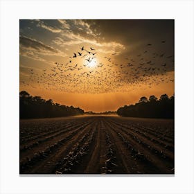 A Majestic Flight of Birds Across a Sunset Sky, with Their Shadows Stretched on the Earth Canvas Print