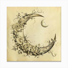 Crescent Moon Adorned With Delicate Floral Details Rendered In Sepia Tones On Textured Parchment Canvas Print