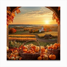 An Idyllic Rustic Autumn Setting A Basket Brimming With Fresh Harvest Of Corn And Pumpkin Wood Br 2 1 Canvas Print