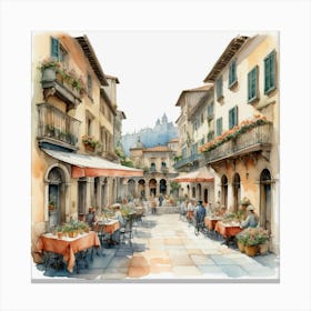 Italian Cafe Street With Old Buildings, Watercolor Painting Art Canvas Print